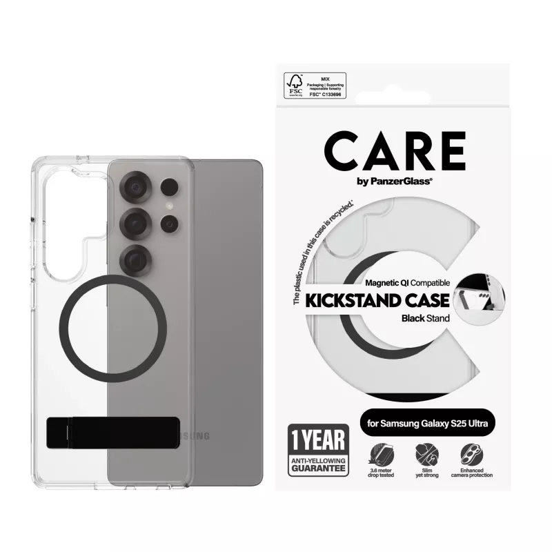 PanzerGlass CARE™ by ® Dėklas Skaidrus su Juodu Atraminiu Stoveliu ir Qi Suderinamumas Samsung Galaxy S25 Ultra