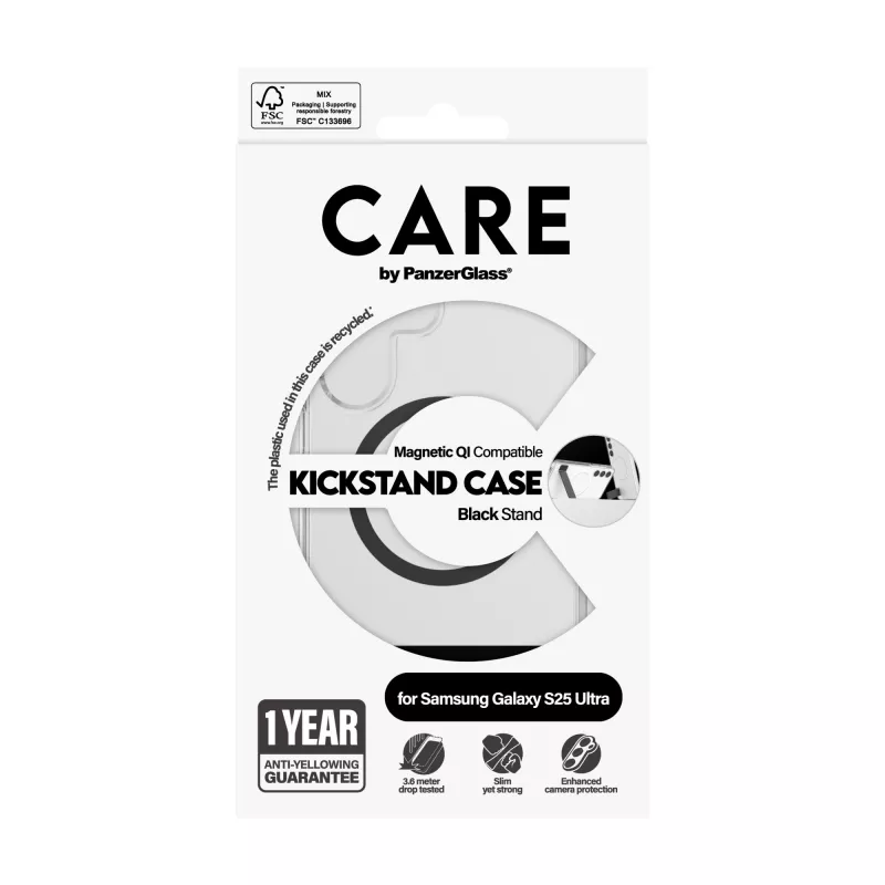 PanzerGlass CARE™ by ® Dėklas Skaidrus su Juodu Atraminiu Stoveliu ir Qi Suderinamumas Samsung Galaxy S25 Ultra