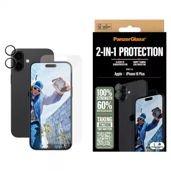 PanzerGlass ® 2-in-1 rinkinys iPhone 16 Plus, Apple, Apple - iPhone 16 Plus, sausas klijavimas, atsparus įbrėžimams, atsparus smūgiams, permatomas, 1 vnt.