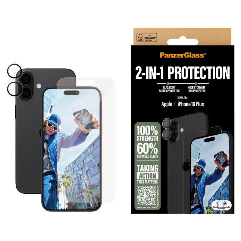 PanzerGlass ® 2-in-1 rinkinys iPhone 16 Plus, Apple, Apple - iPhone 16 Plus, sausas klijavimas, atsparus įbrėžimams, atsparus smūgiams, permatomas, 1 vnt.