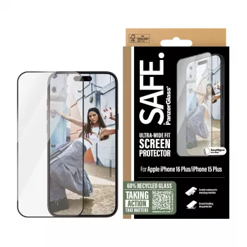 PanzerGlass SAFE. apsauginis stiklas su juodu rėmeliu, skirtas iPhone 16 Plus | 15 Plus | Ultra-Wide Fit