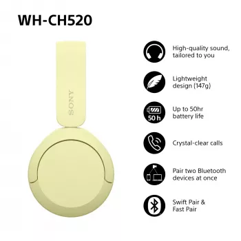 Sony WHCH520Y.CE7 belaidės ausinės, geltonos