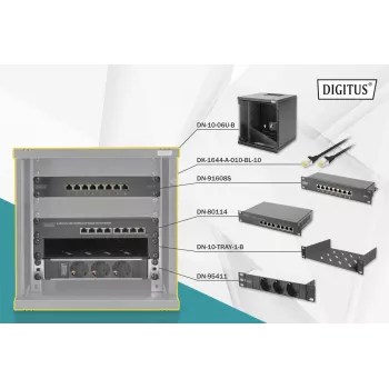 DIGITUS 10 colių tinklo rinkinys - 6U spintele, lentyna, PDU, 8 prievadų jungiklis, CAT6 skydelis