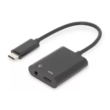 DIGITUS USB Type-C skirstytuvas, USB-C – 3,5 mm + USB-C, M/F/F, 20 cm, juodas