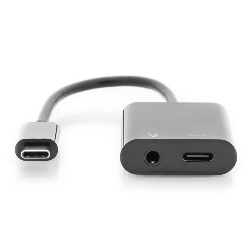DIGITUS USB Type-C skirstytuvas, USB-C – 3,5 mm + USB-C, M/F/F, 20 cm, juodas