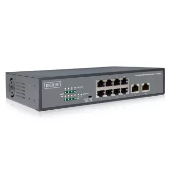 DIGITUS Fast Ethernet PoE af/at 8 prievadų jungiklis + 2 uplinkai 120W PoE galios biudžetas, montuojamas į stelažą
