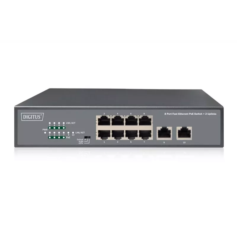 DIGITUS Fast Ethernet PoE af/at 8 prievadų jungiklis + 2 uplinkai 120W PoE galios biudžetas, montuojamas į stelažą