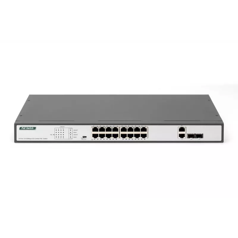 DIGITUS Fast Ethernet PoE jungiklis 16 prievadų PoE + 2 Combo, 250W PoE biudžetas