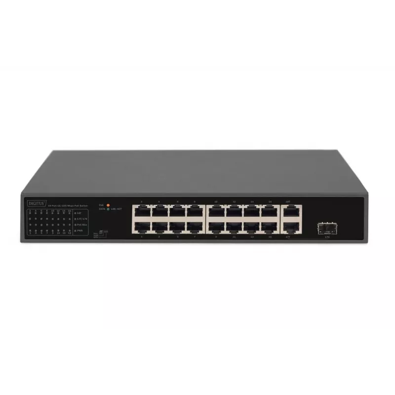 DIGITUS PoE jungiklis 16 prievadų 10/100 Mbps, 16x 10/100Mbps PoE RJ45, 1x GE RJ45, 1x SFP