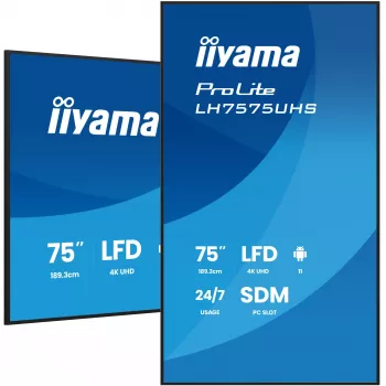 iiyama LH7575UHS-B2AG Skaitmeninės reklamos ekranas 190,5 cm (75 colių) LCD Wi-Fi 500 cd/m² 4K Ultra HD Juodas su integruotu procesoriumi Android 11 24/7