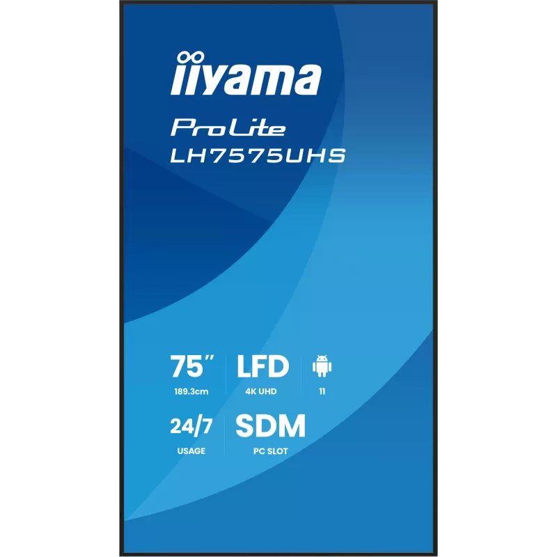 iiyama LH7575UHS-B2AG Skaitmeninės reklamos ekranas 190,5 cm (75 colių) LCD Wi-Fi 500 cd/m² 4K Ultra HD Juodas su integruotu procesoriumi Android 11 24/7
