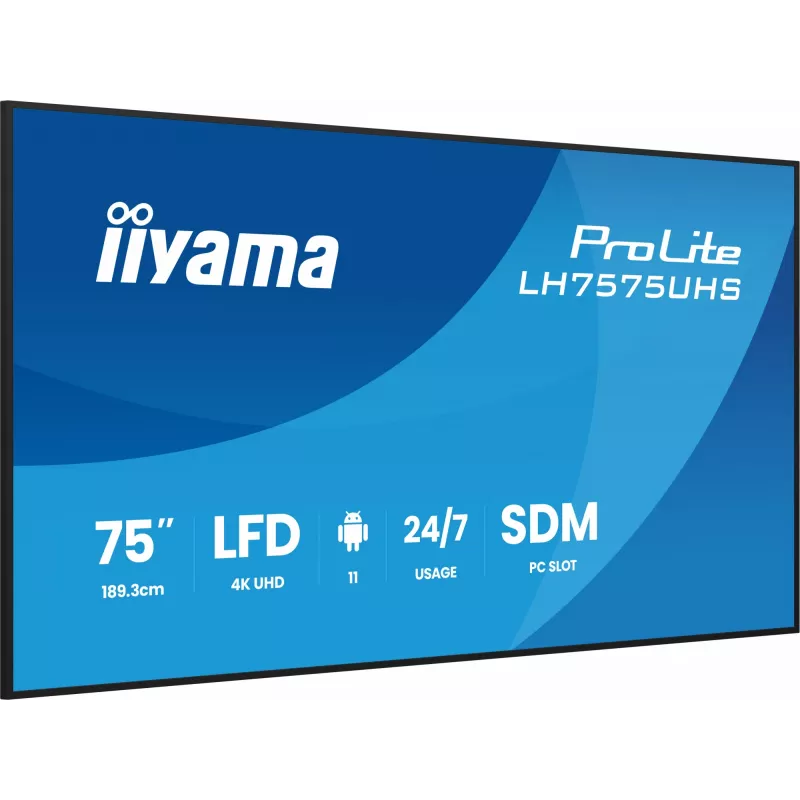 iiyama LH7575UHS-B2AG Skaitmeninės reklamos ekranas 190,5 cm (75 colių) LCD Wi-Fi 500 cd/m² 4K Ultra HD Juodas su integruotu procesoriumi Android 11 24/7