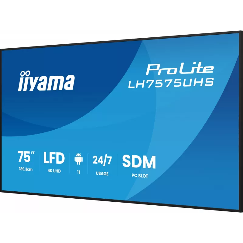 iiyama LH7575UHS-B2AG Skaitmeninės reklamos ekranas 190,5 cm (75 colių) LCD Wi-Fi 500 cd/m² 4K Ultra HD Juodas su integruotu procesoriumi Android 11 24/7