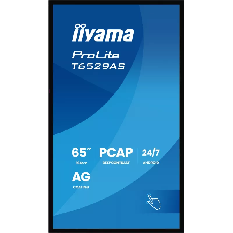 IIYAMA T6529AS-B1AG Reklaminis ekranas su kiosko dizainu 163,8 cm (64,5 col.) LED Wi-Fi 420 cd/m² 4K Ultra HD Juodas Liečiamasis ekranas Integruotas procesorius Android 24/7