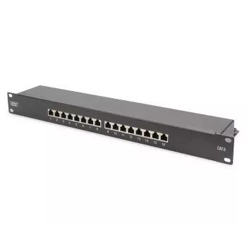 DIGITUS CAT6 Class E ekranuotas pataisų skydelis 16 prievadų RJ45 8P8C LSA 1U 19 inch juodas RAL9005