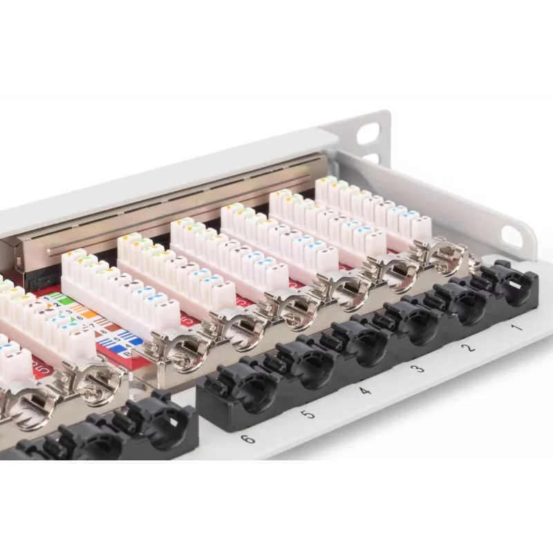 DIGITUS skydinis lizdų blokas CAT6A EA ekranuotas, 24 prievadų RJ45 dulkių dangteliai, 8P8C, 0,5U, pilkas RAL 7035