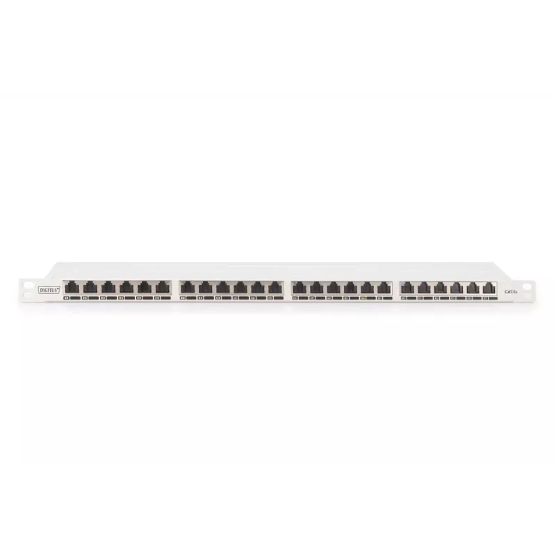DIGITUS skydinis lizdų blokas CAT6A EA ekranuotas, 24 prievadų RJ45 dulkių dangteliai, 8P8C, 0,5U, pilkas RAL 7035