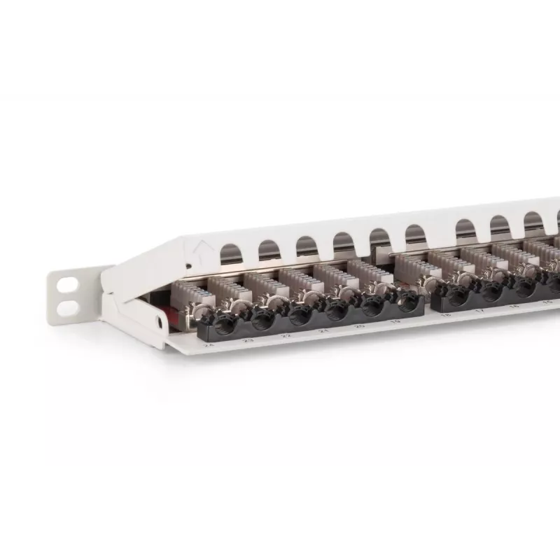 DIGITUS skydinis lizdų blokas CAT6A EA ekranuotas, 24 prievadų RJ45 dulkių dangteliai, 8P8C, 0,5U, pilkas RAL 7035