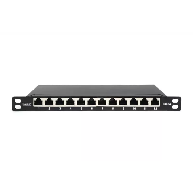 DIGITUS CAT6A jungčių skydelis, ekranuotas, 12 prievadų 1/2U, 10 inch montavimui stove, juodas RAL 9005