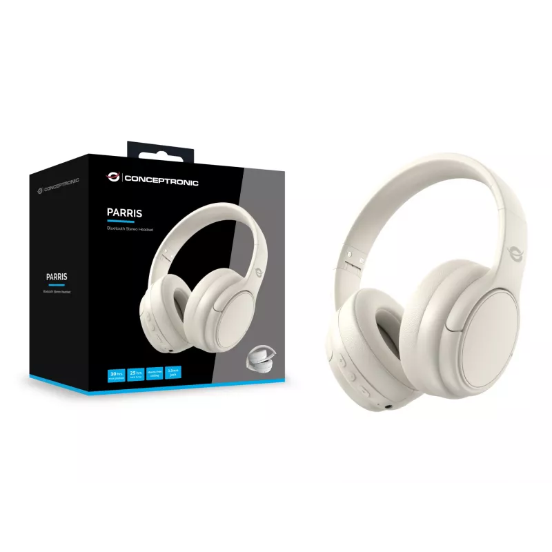 Conceptronic PARRIS03C Bluetooth stereo ausinės, laidinės ir belaidės, muzikai, 20–20000 Hz, 198,5 g, ausinės, kreminė
