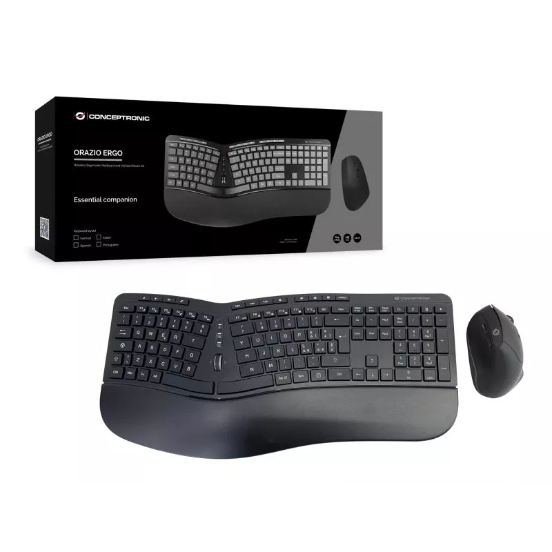 Conceptronic ORAZIO ERGO Belaidžiai ergonominiai klaviatūros ir pelės rinkinys, itališkas išdėstymas