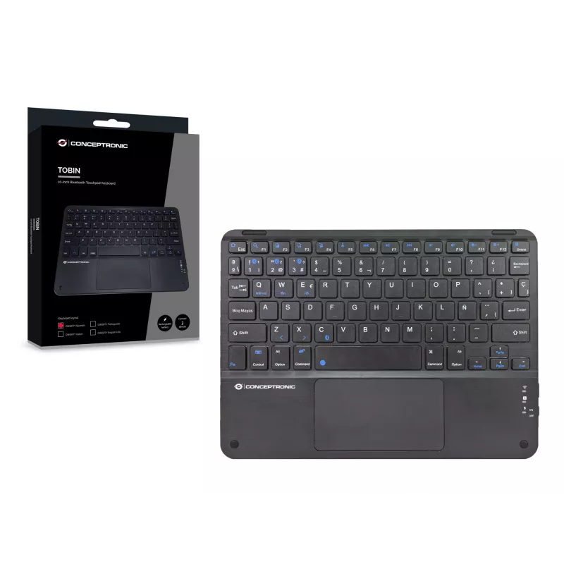 Conceptronic TOBIN01BES 10 colių belaidė klaviatūra su jutikliniu kilimėliu, QWERTY ispaniškai