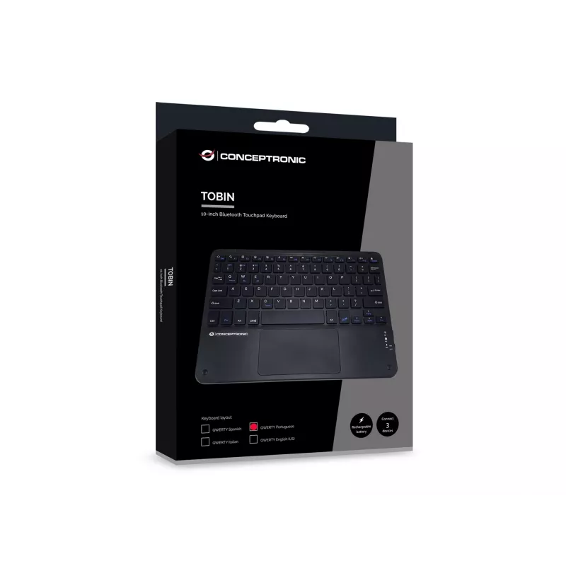 Conceptronic TOBIN01BPT 10 colių belaidė klaviatūra su jutikliniu kilimėliu, QWERTY portugališkas išdėstymas