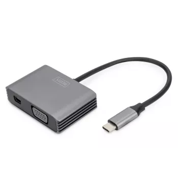 DIGITUS USB-C į mini DP + VGA adapteris, 20 cm, 4K/30Hz, sidabrinis, aliuminio korpusas