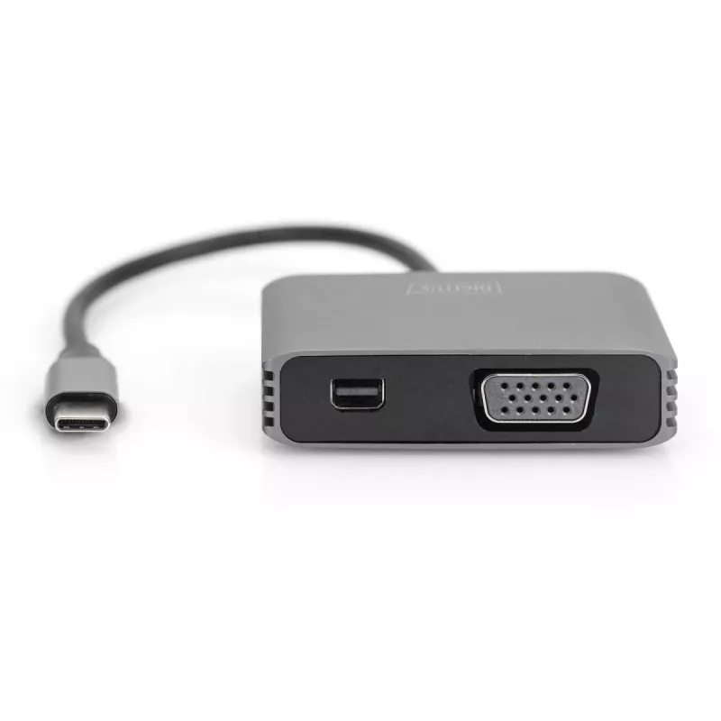 DIGITUS USB-C į mini DP + VGA adapteris, 20 cm, 4K/30Hz, sidabrinis, aliuminio korpusas