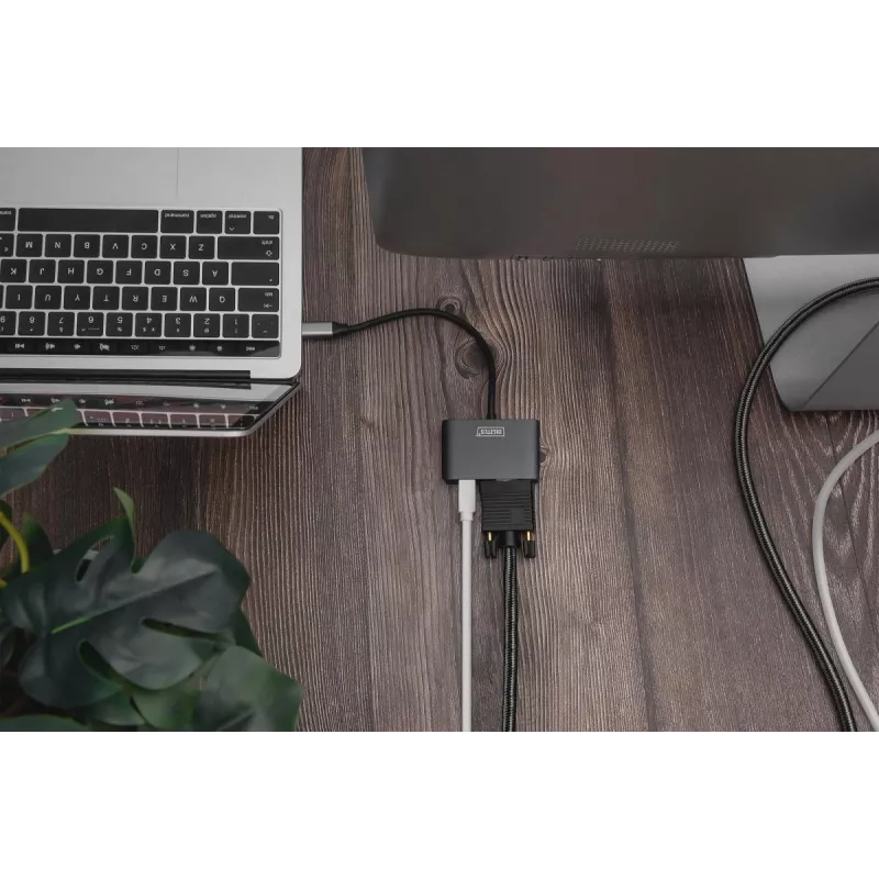 DIGITUS USB-C į mini DP + VGA adapteris, 20 cm, 4K/30Hz, sidabrinis, aliuminio korpusas