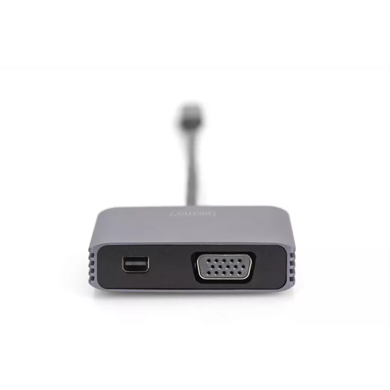 DIGITUS USB-C į mini DP + VGA adapteris, 20 cm, 4K/30Hz, sidabrinis, aliuminio korpusas