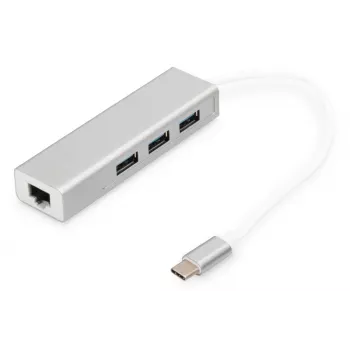 DIGITUS 3 prievadų USB 3.0 Tipo C šakotuvas su Gigabit Ethernet 3x USB A/F, 1x USB C/M, 1x RJ45 LAN