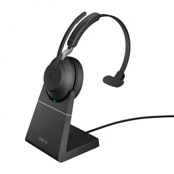 Jabra Evolve2 65 USB-A UC Mono su įkrovimo stovu - juoda, belaidė, skirta biurui / skambučių centrui, 20 - 20000 Hz, 99.2 g, ausinė, juoda