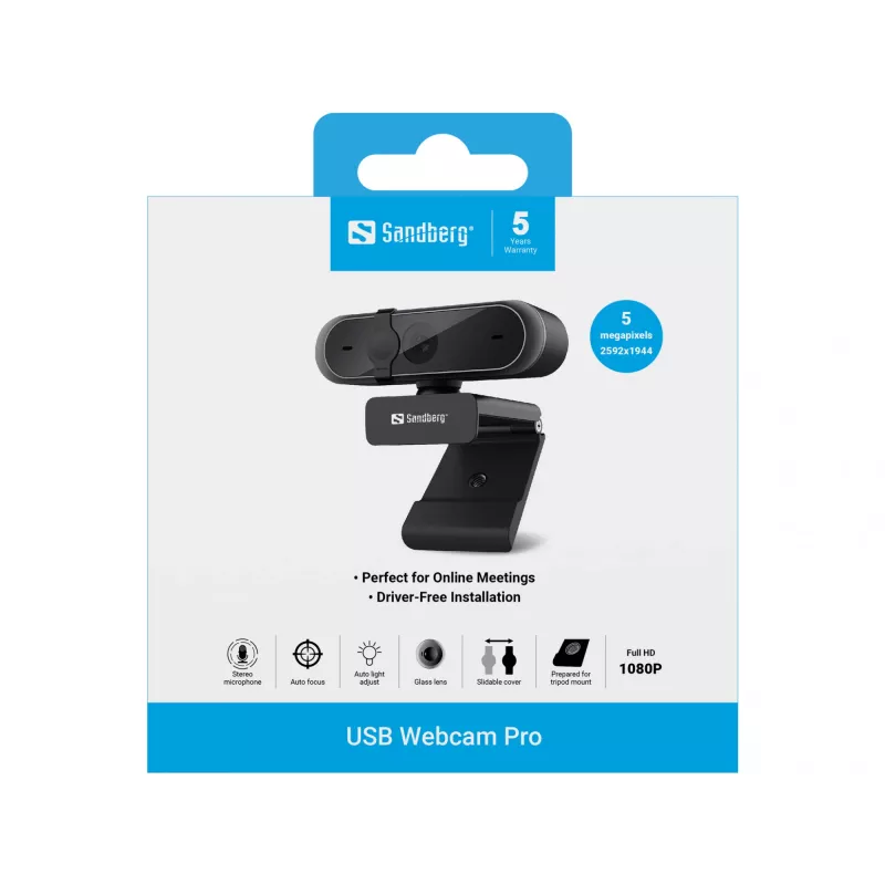 Sandberg USB Webcam Pro, 5 MP, 2592 x 1944, Full HD, 30 fps, 1920x1080@30fps, 2595x1944@30fps, 1080p