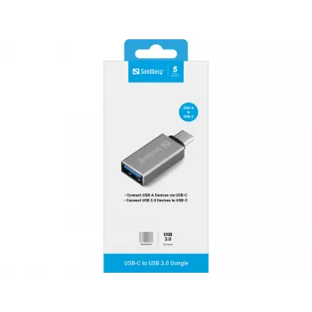 Sandberg USB-C į USB 3.0 adapteris, USB 3.2 Gen 1 Type-C, USB 3.2 Gen 1 Type-A, sidabrinis, aliuminis, 5 g, 80 mm