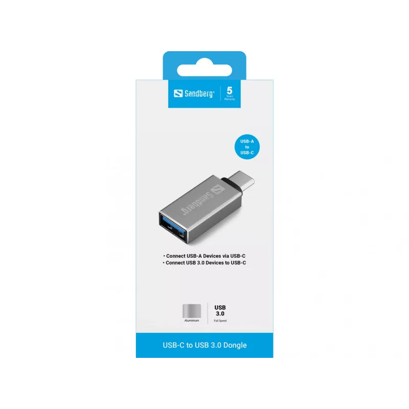 Sandberg USB-C į USB 3.0 adapteris, USB 3.2 Gen 1 Type-C, USB 3.2 Gen 1 Type-A, sidabrinis, aliuminis, 5 g, 80 mm