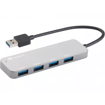 Sandberg USB 3.0 Hub 4 prievadai SAVER, USB 3.2 Gen 1 (3.1 Gen 1) Type-A, 5000 Mbit/s, sidabrinis, aliuminis, 40 g