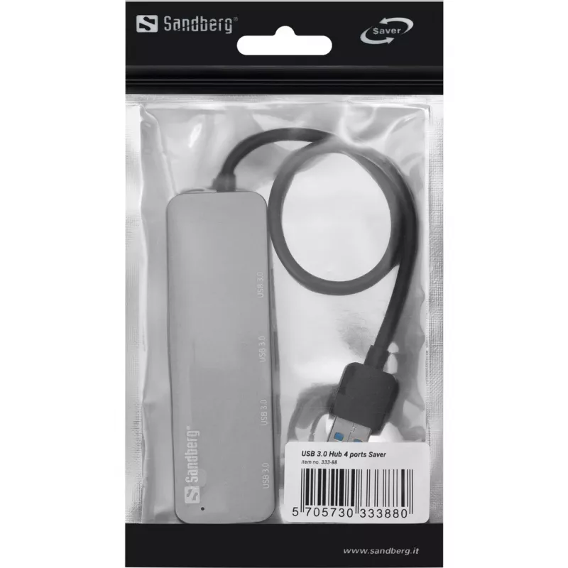 Sandberg USB 3.0 Hub 4 prievadai SAVER, USB 3.2 Gen 1 (3.1 Gen 1) Type-A, 5000 Mbit/s, sidabrinis, aliuminis, 40 g