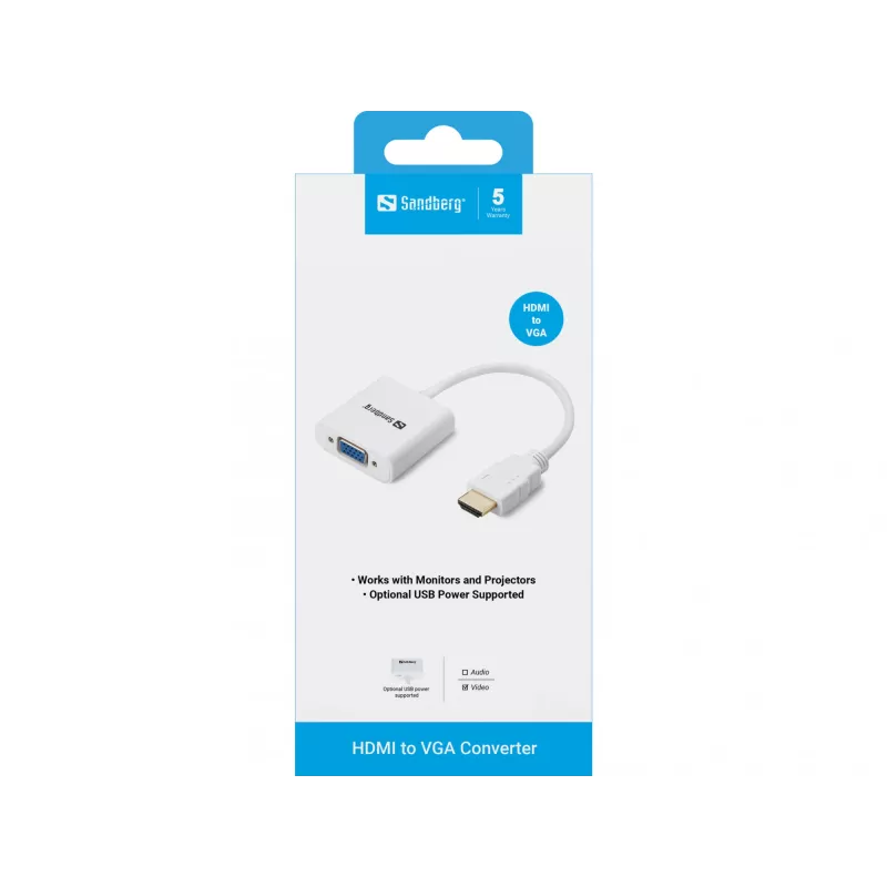 Sandberg HDMI į VGA keitiklis, VGA (D-Sub), HDMI A tipo (standartinis), Kištukas, Lizdas, Baltas, RoHS