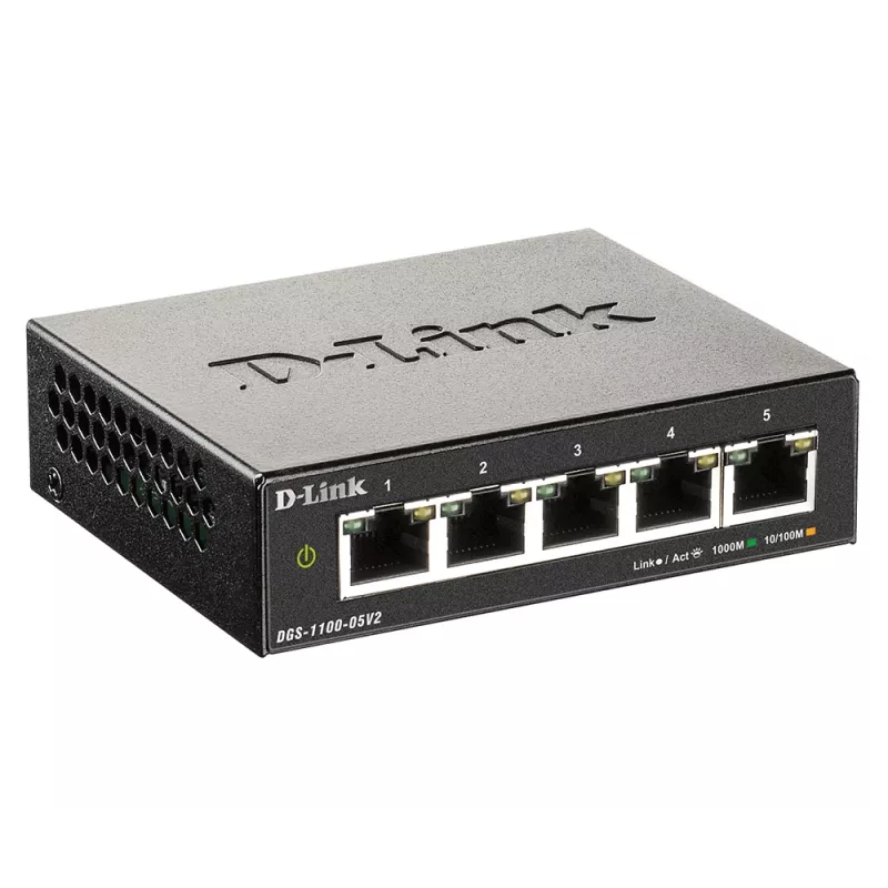 D-Link DGS-1100-05V2/E valdomas L2 Gigabit Ethernet 5 prievadų komutatorius juodas