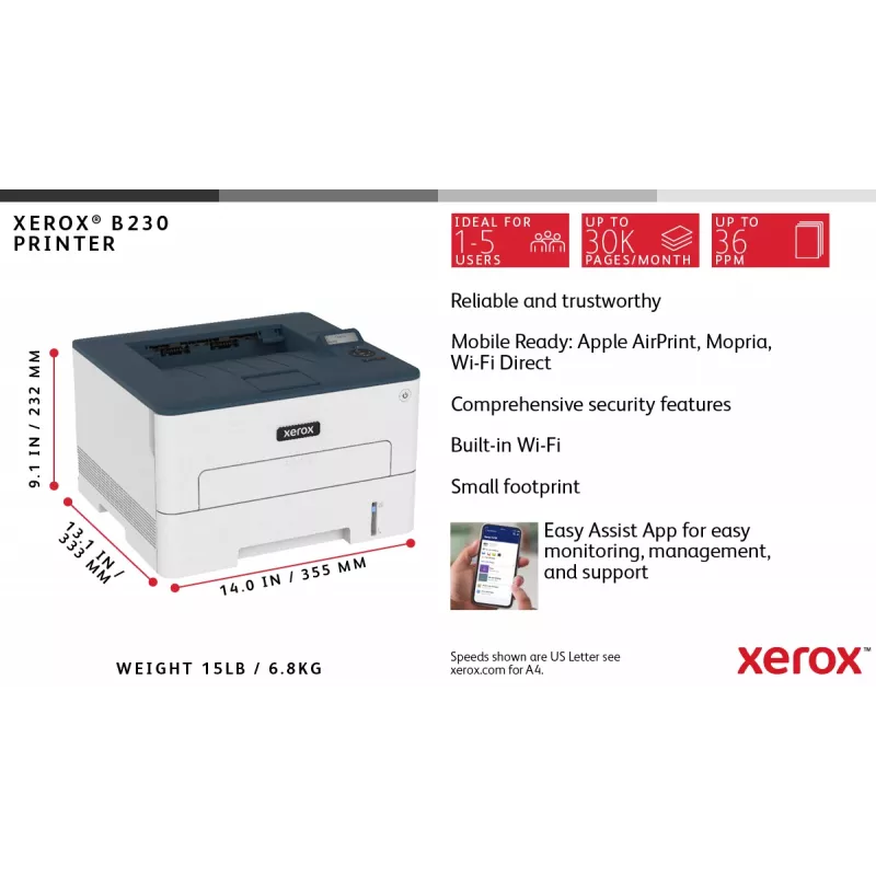 Xerox B230 A4 34ppm belaidis dvikryptis spausdintuvas PCL5e/6 2 padėklai iš viso 251 lapas