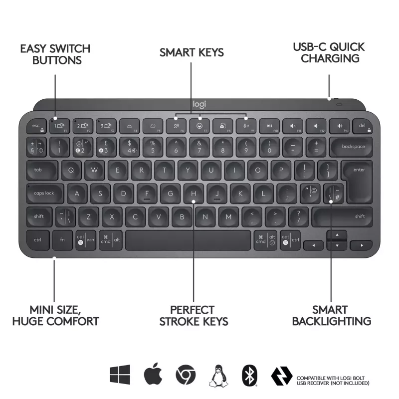 LOGITECH MX KEYS MINI belaidė kompaktiška apšviesta klaviatūra, grafito spalvos, Qwertz Deutsch