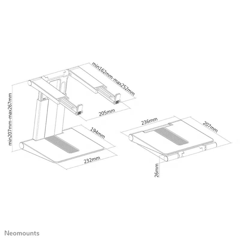 Neomounts NSLS200 nešiojamojo kompiuterio stovas 10–17 colių – aukščio reguliavimas – sulankstomas – kompaktiškas – universalus