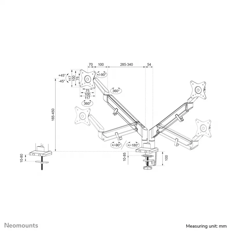 Neomounts DS70-810BL2 Monitor rankis 17-32 colių – dujinė spyruoklė – vietą taupantis – 180° stabdiklis