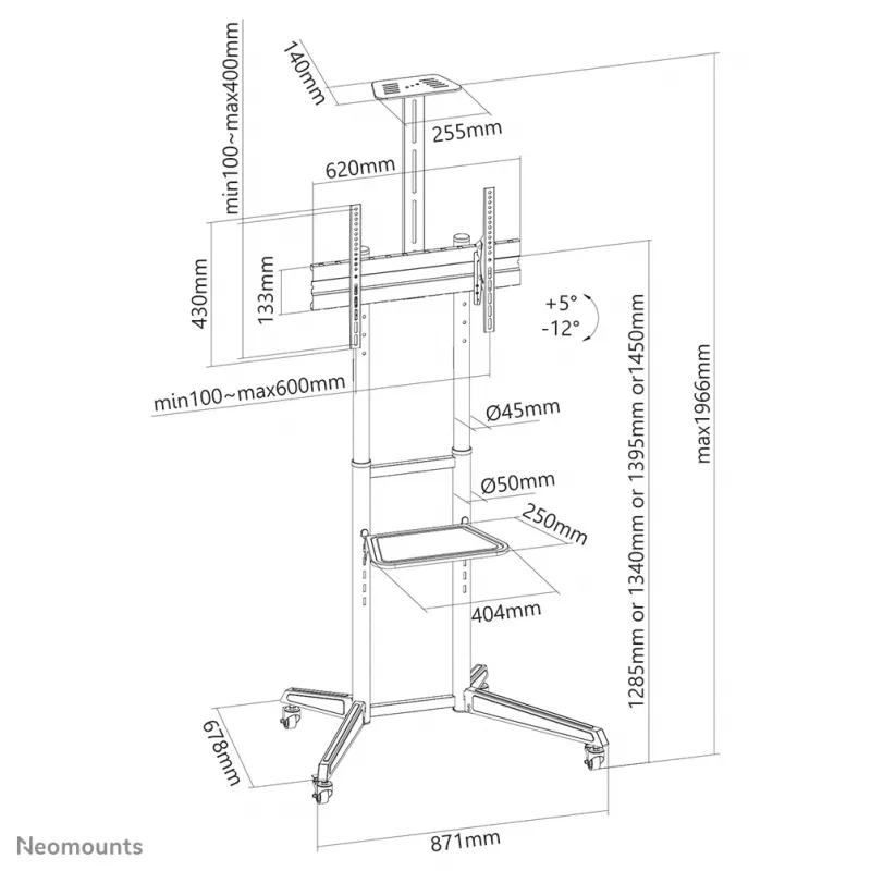Neomounts FL50-550BL1 mobilus TV stovas 37-70 colių, juodas