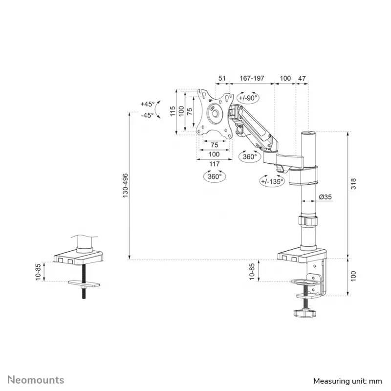 Neomounts DS70-750BL1 Monitoriaus rankena 17-27 colių - dujinė spyruoklė, Clamp/Grommet, 7 kg, 43,2 cm (17 colių), 68,6 cm (27 colių), 100 x 100 mm, Juoda