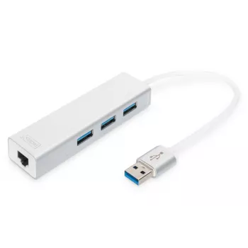 DIGITUS USB 3.0 3 prievadų HUB & Gigabit LAN adapteris 3xUSB A/M, 1xUSB A/F, 1xRJ45 LAN, palaiko Windows ir Mac OS