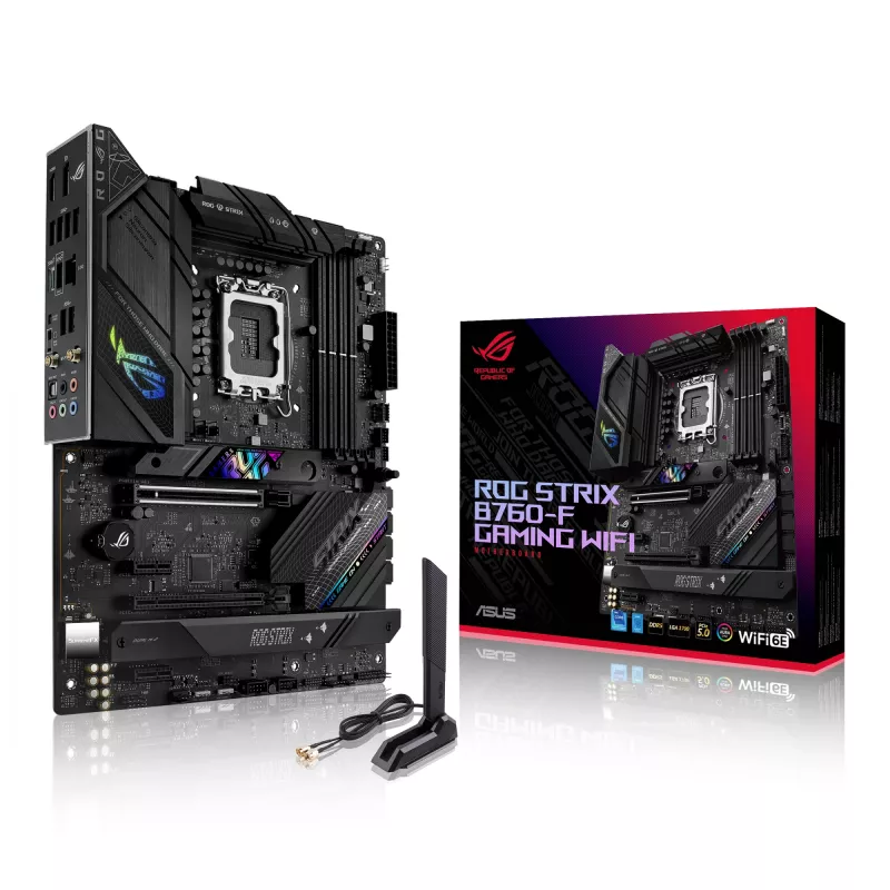 Motininė plokštė ASUS ROG STRIX B760-F GAMING WIFI — Intel B760, LGA 1700, ATX, DDR5, 4 DIMM, Wi‑Fi 6E, 2.5Gb LAN
