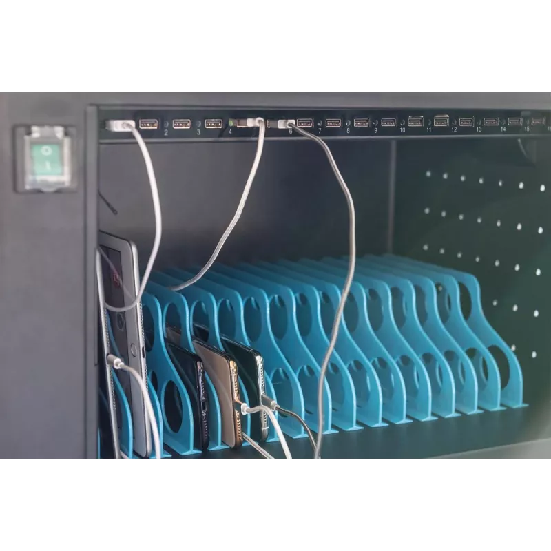 DIGITUS įkrovimo spinta, 16 vietų, 14 colių, juoda 384 x 550 x 375 mm, elektr. užraktas, su USB, ventiliatoriumi