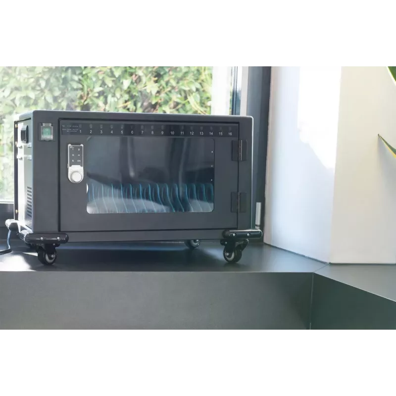 DIGITUS įkrovimo spinta, 16 vietų, 14 colių, juoda 384 x 550 x 375 mm, elektr. užraktas, su USB, ventiliatoriumi